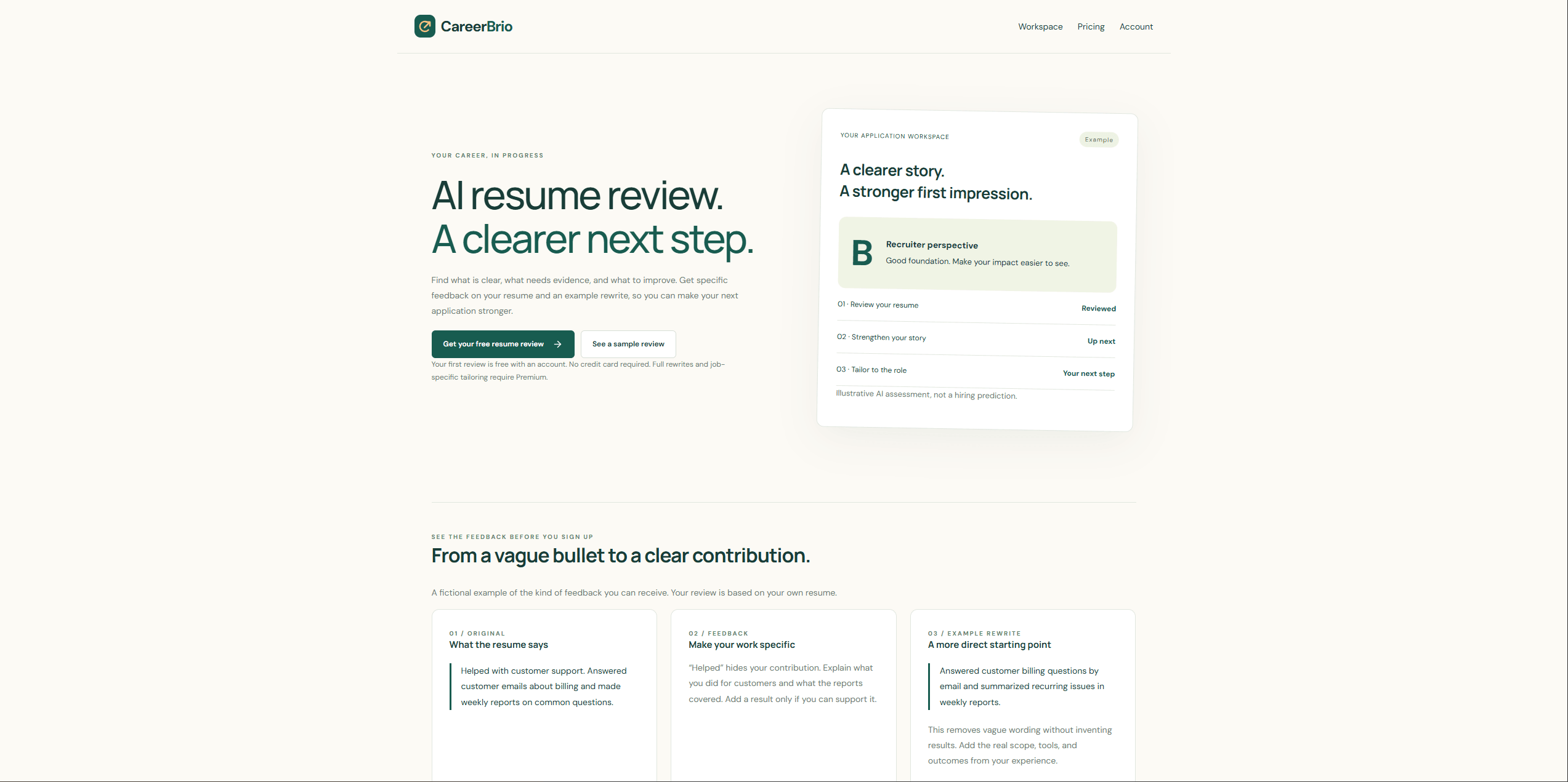 CareerBrio homepage introducing AI resume reviews, sample feedback, and a clearer next step for job applications.