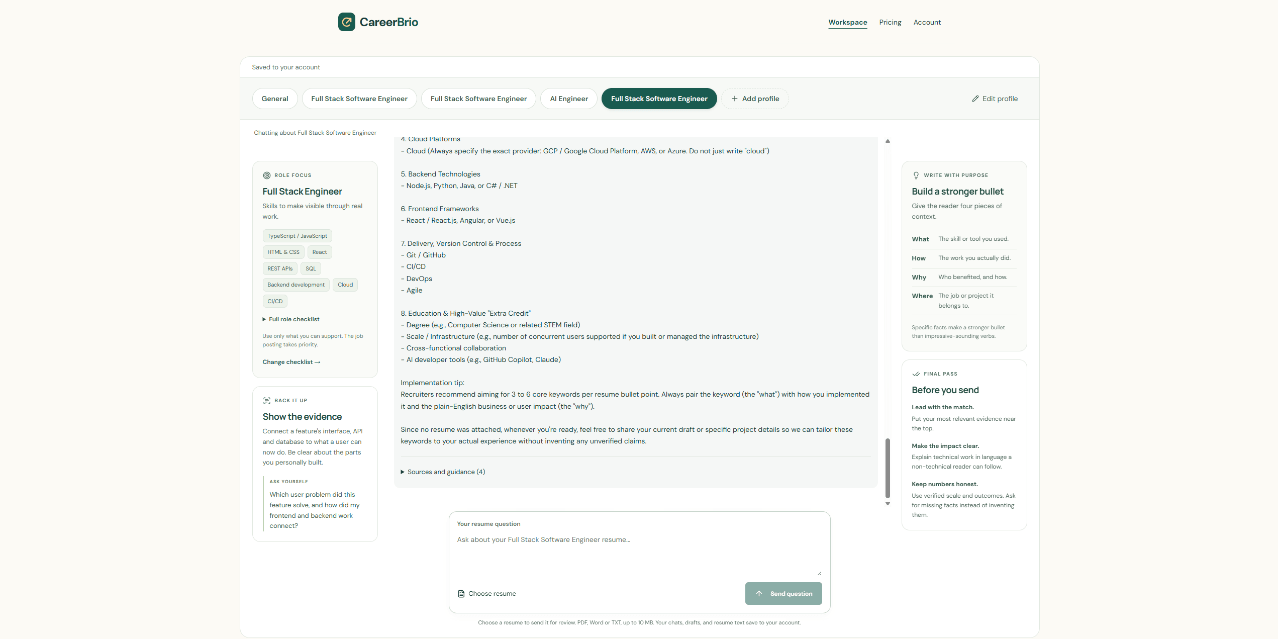 CareerBrio workspace with saved role profiles, recruiter-grounded resume guidance, and a resume upload form.