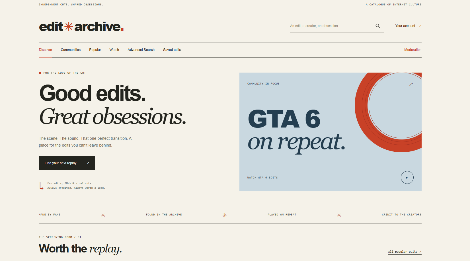 Edit Archive homepage featuring search and community navigation, the headline Good edits. Great obsessions., and a featured GTA 6 edits collection.