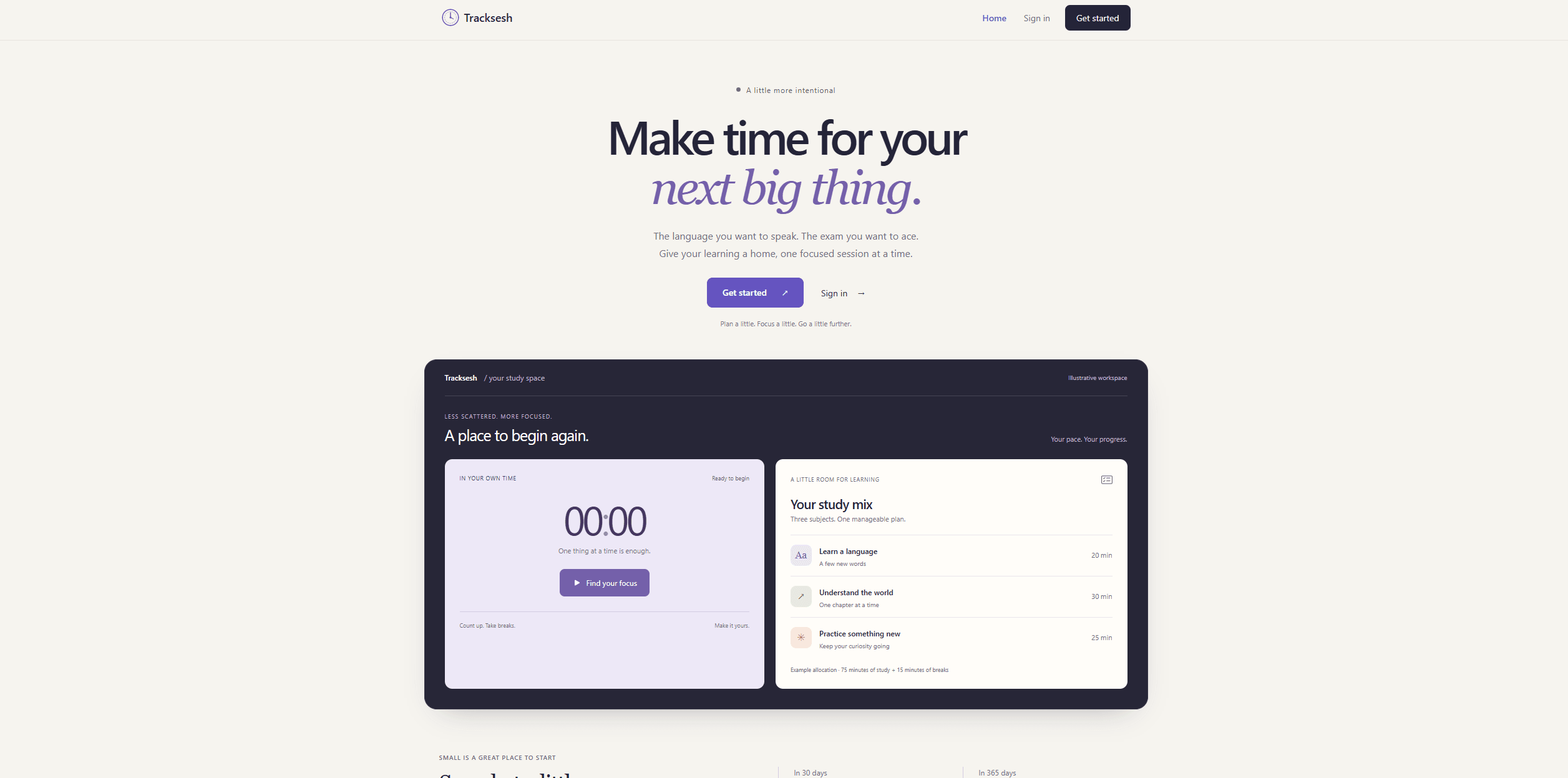 Tracksesh homepage introducing focused learning, with a study timer and a sample study plan.